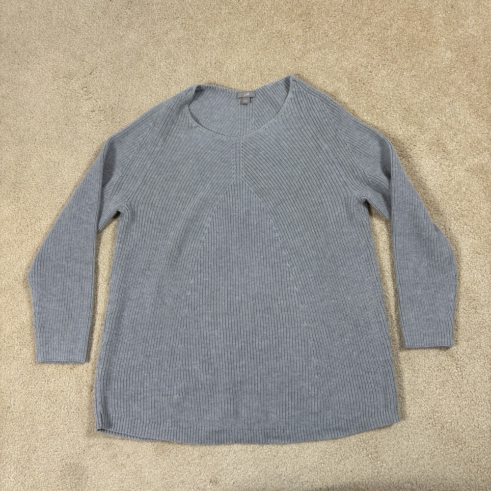 J.Jill Light Gray Knit Sweater Large V Neck Ribbed Long Sleeve Pullover